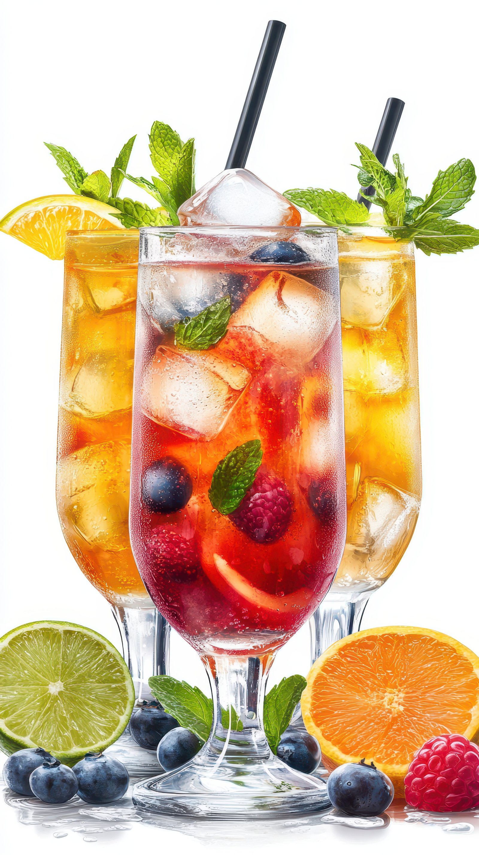 Refreshing summer cocktails served with fresh fruits and vibrant garnishes in a stylish display